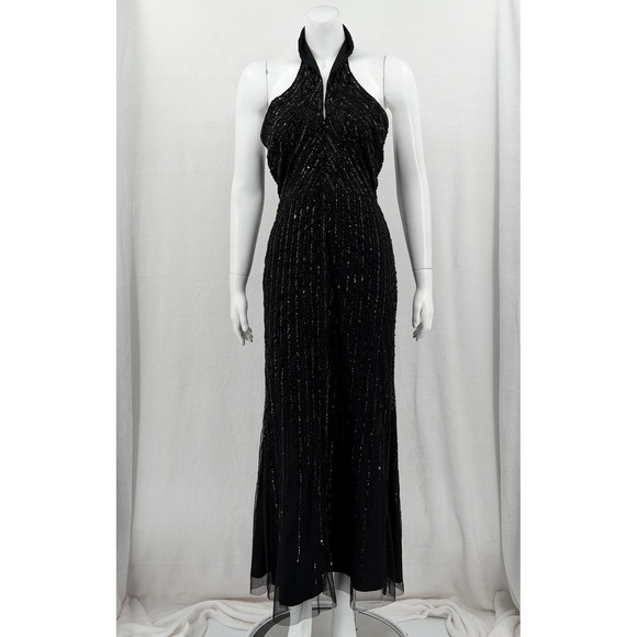Adrianna Papell Dresses & Skirts - Adrianna Papell Dress Womens 6 Petite Black Sequin Halter Gown Evening Beaded